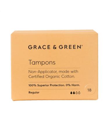 Grace & Green - Organic Tampons - Non-Applicator - Size: Regular - Made with Organic Cotton - 100% Free from Plastic - 18x Regular Tampons Regular 18 Tampons