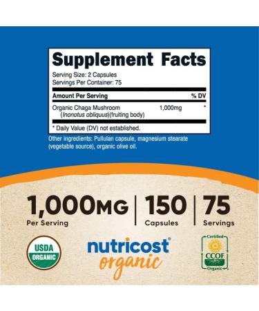 Nutricost Organic Chaga Mushroom Capsules 1000mg - 150 Capsules, CCOF Certified, Vegetarian, Gluten Free - Buy Online on GoSupps.com