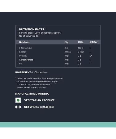 Pure L-Glutamine Powder - Unflavoured Post Workout Amino Acid Supplement for Muscle Growth & Recovery - 150 gm - International Shipping Available - Buy Online on GoSupps.com