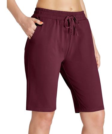 EZRUN Womens Bermuda Shorts - Burgundy Large | Summer Sweat Shorts with Deep Pockets | Cotton Gym Workout Shorts - Buy Online on GoSupps.com