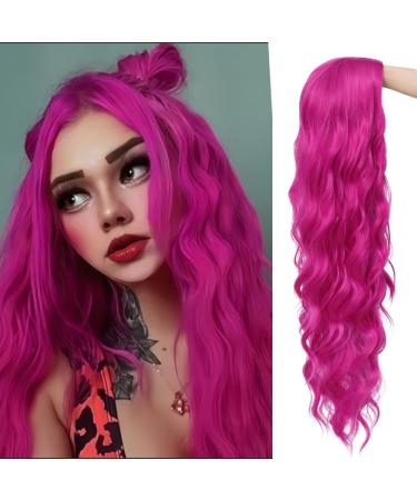 Long Hot Pink Wigs for Women Curly Wavy Synthetic Middle Part Halloween Party Costume Hair Wig