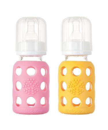 Lifefactory Glass Baby Bottle with Silicone Sleeve 4 Ounce  Set of 2 - Pink/Yellow