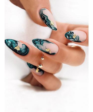 24pcs Blue Gold Foil Press on Nails Botanical Plant Fake Nail Green Medium Square Coffin Nails Press on Nails Coffin Shape Nails