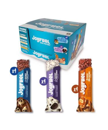 JOYFUEL Mixed box of 12 Protein Bars of 55gr - Milk Chocolate & Cookie Dough Flavors - White Chocolate & Cookie & Cr
