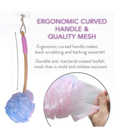 Loofah Back Scrubber - Bamboo Charcoal Fiber Bath Sponge Set for Men & Women - Includes Handle & Hook - Pink - Buy Online on GoSupps.com