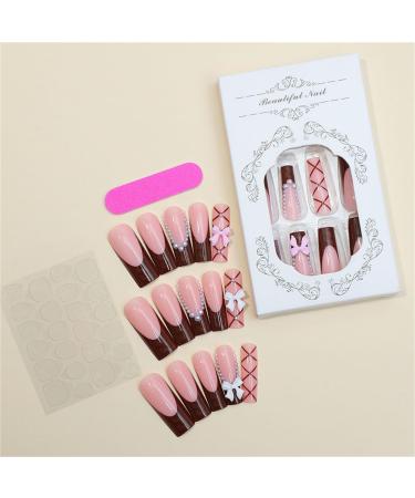 CRAZYNEKOS Soild Pearl Fake Nail Long Square Press on Nails Chocolate Brown French Tips Nail Art Decoration for Women and Girls Manicure 24pc - Buy Online on GoSupps.com