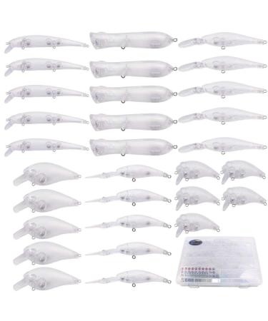 Croch Blank Crankbaits Unpainted Fishing Lure with Tackle Box Multi-type A: 30 Pcs, 6 Different Types