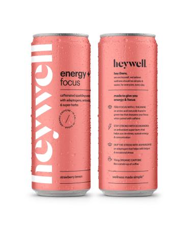 heywell sparkling adaptogenic water energy + focus caffeinated strawberry lemon - 12pk 12oz cans