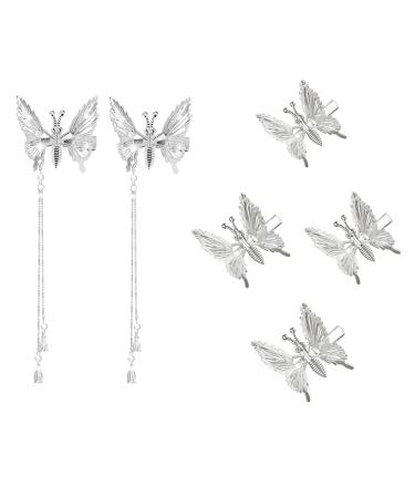 6PCS Moving Wings Silver Butterfly Hair Pins  3D Cute Metal Hollow Tassel Hair Clips Barrettes  Bride Wedding Hair Accessories Hairpin for Women (Silver)