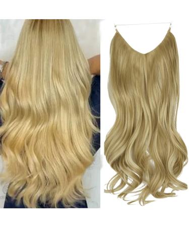 OMGREAT Halo Hair Extensions with Invisible Transparent Wire Curly Wavy Hidden Crown Secret Hairpiece for Women 18 Inch 4.2 Oz - Ash Blonde Mix Bleach Blonde 18Inch&Curly Ash Blonde Mix Bleach Blonde
