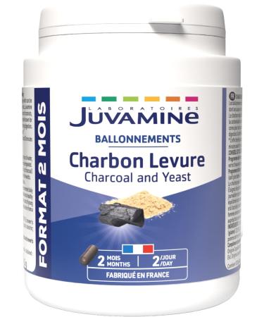 JUVAMINE - Charcoal Yeast - Digestion - Intestinal gases - Bloating - Helps reduce excessive flatulence - 2 month program - 120 Capsules - Made in France