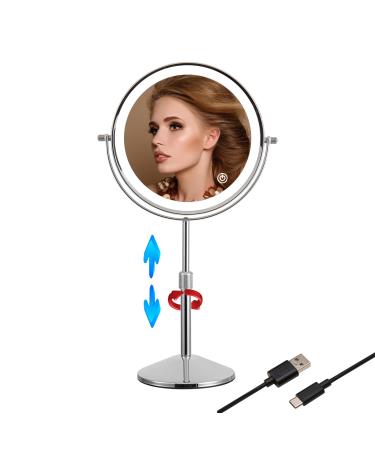 TUSHENGTU 8in height adjustable personal makeup mirror with light deskt Makeup mirror 10x magnification rotating adjustment mirror  3 colors lights