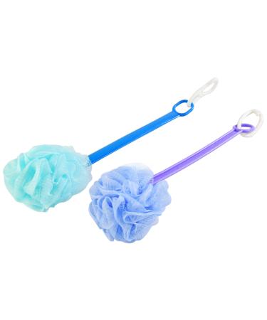 HOME-X Pouf Back Scrubber  Shower Loofah with Long Handle  Set of 2 (Purple and Blue) 14  L x 4  W