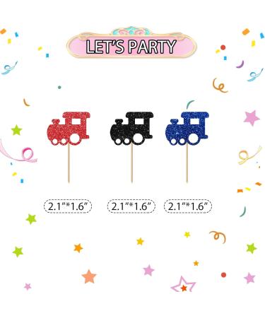 Train Cupcake Toppers Railroad Party Cake Decor Red&Blue Glitter Cake Decorations for Boy's Birthday 1st Birthday/Steam Train Theme Party Supplies - 24pcs - Buy Online on GoSupps.com