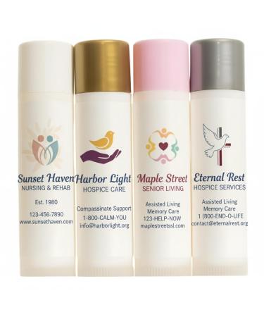 Custom Lip Balm 100 Pack Petroleum-Free | Personalized Labels for Nursing Homes Senior Living & Hospice | Unflavored | Healthcare Facility Promotional Gifts | Made in USA - Buy Online on GoSupps.com