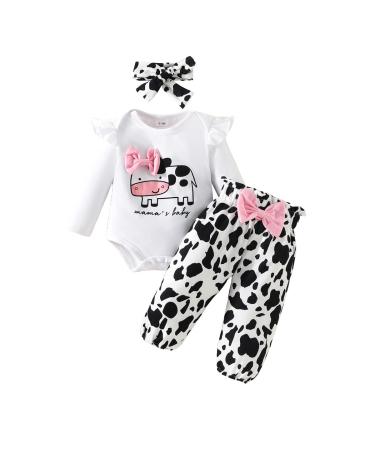 UUAISSO Baby Girls Clothes Cow Letter Print ruffled Long Sleeve Tops and Pants Infant Clothing Outfits Gifts 12-18 Months White