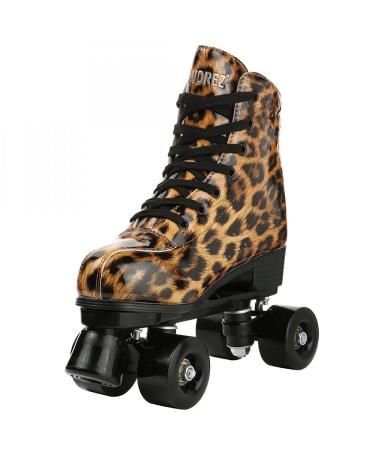 Roller Skates for Women Cozy Stylish Leopard PU Leather High-top Roller Skate Shoes for Beginner, Indoor Outdoor Double-Row Roller Skates with Shoes Bag leopard brown black wheel 38-US Women 8