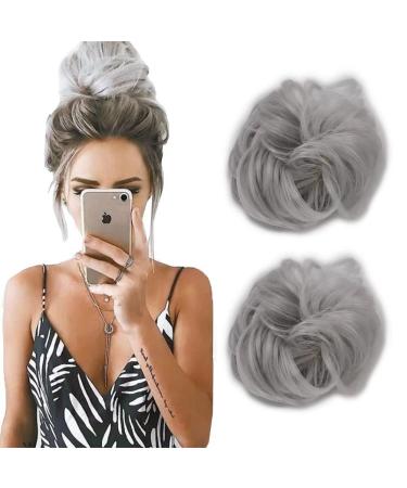 Observe your hair color outdoors! iLUU Women's Curly Messy Bun Hair 2 Piecess Scrunchie Wigs Extensions Silver Color Wavy Synthetic Updo Curly Hair Bun Extension Haipieces