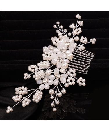 Teyglen Flower Bride Wedding Hair Comb - Bridal Pearl Crystal Side Comb for Women - Rhinestone Headpiece Hair Accessory - Buy Online on GoSupps.com