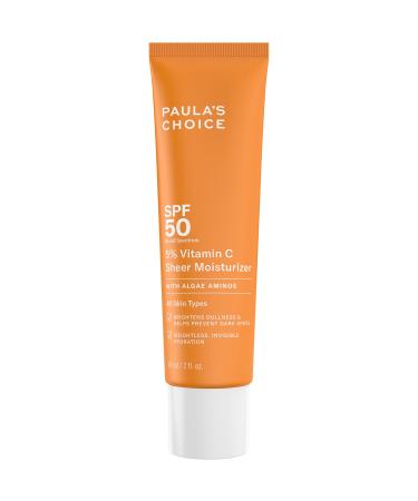 Paula s Choice 5% Vitamin C Sheer Moisturizer SPF 50 Lightweight Invisible Broad-Spectrum Sunscreen Brightens Dullness Prevents Dark Spots For All Skin Types Including Blemish-Prone 2 Fl Oz.