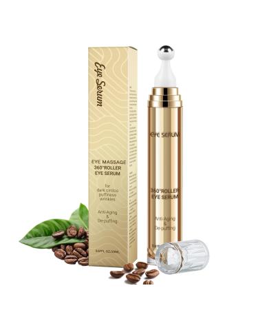5% Caffeine Eye Serum Hyaluronic Acid Under Eyes Cream for Dark Circles and Puffiness Anti Aging with 360 Massage Ball Reduce Wrinkles Fine Lines and Eye Bags Treatment for Men/Women 0.67 fl. oz Gold