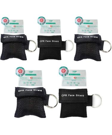 CPR Face Shields 5 Pcs CPR Resuscitation Face Mask Keychain Ring Pouch for First Aid Cardiac Resuscitation Training (Black)
