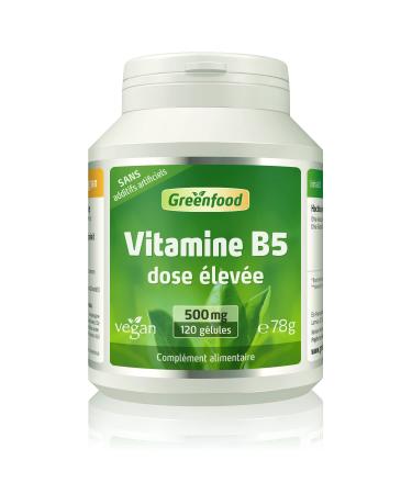Greenfood Vitamin B5 (Pantothenic Acid), 500 mg, High Dose, 120 Capsules - For Normal Mental Performance. No Artificial Additives, No Genetically Modified Organisms. Vegan
