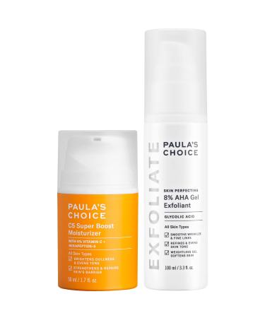 Paula's Choice 8% AHA Gel Leave-On Exfoliant with Glycolic Acid + C5 Super Boost Moisturizer with 5% Vitamin C Duo for Sun Damage Discoloration Uneven Tone & Texture Fragrance-Free