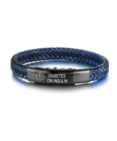 VNOX Free Custom Engraving Handmade Braided Two-Tone Adjustable Leather Emergency Medical Alert ID Bracelets Wristband for Men 6.5-8.4 Inches-Style 1 Black-DIABETES ON INSULIN