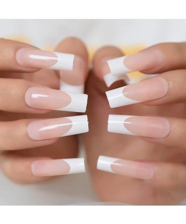 24pcs Long Square Nude White French Tip Press On False Nails for Women - Glossy Gel Full Cover Manicure - Buy Online on GoSupps.com