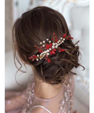 IYOU Rhinestone Bridal Hair Comb Red Crystal Wedding Side Combs Flower Bride Bridesmaid Headpiece for Women - Buy Online on GoSupps.com