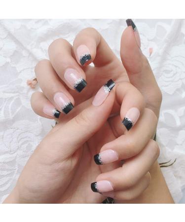 Shop French Fake Nail Set - Nude Nails with Black & Glitter | Medium Long Artificial Nails for Daily Wear - Buy Online on GoSupps.com