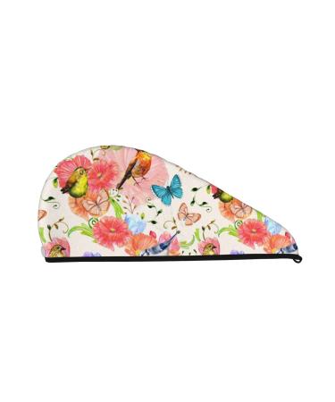 Flowers and Birds Watercolor Microfiber Hair Towel Soft Super Absorbent Hair Towel Wrap for Women Coral Velvet Quick Dry Hair Cap for Long Curly and Thick Hair