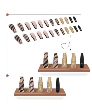 Belicey Black French Press on Nails - Medium Length Luxury Stick on Coffin Nails with Golden Bling Stripes - Full Cover Exquisite Design for Women and Girls - Buy Online on GoSupps.com