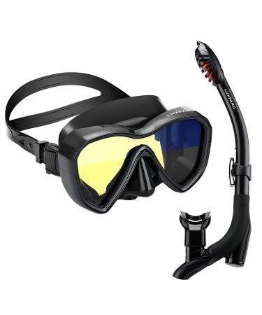 LUXPARD Snorkel Set, Anti-Fog Panoramic View Snorkel Mask and Anti-Leak Dry Snorkel Tube, Snorkeling Gear for Adults, Snorkel Kit Bag Included black