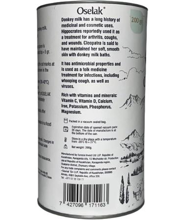 Oselak Donkey Milk Powder 200g Pure and 100% Natural High in Calcium Iron and Vitamin D Similar to Human Breast Milk Rich in Whey Protein Vitamins and Minerals Nothing Added Nothing Removed - Buy Online on GoSupps.com