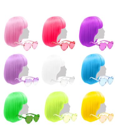 LIULIUBTY 9 Pieces Colorful Bob Wig  12 Straight with Flat Bangs  Bubble Gum Series Colored Party Wigs  Wigs for Women of Bachelorette Party Favors  Come with Extra Heart Bachelorette Sunglasses
