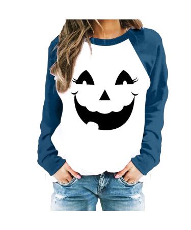 Halloween Costumes Halloween Print Round Neck Casual Long Sleeve Sweatshirt Zip up Hoodie Long Women Blue Large