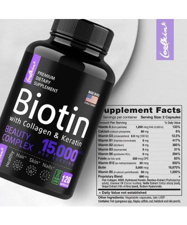 Biotin 15000mcg (120 Capsules) with MSM Collagen Keratin - Anti-Aging for Hair Skin and Nails - Buy Online on GoSupps.com