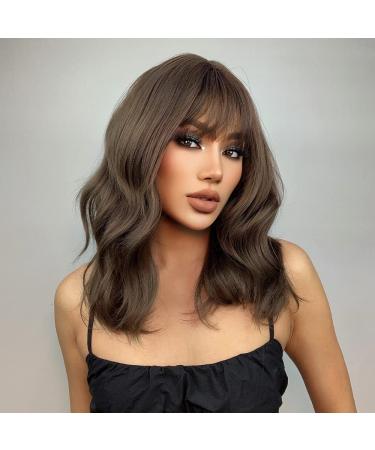 EMMOR Short Curly Wavy Bob Wig with Bangs - Brown | Shoulder Length Synthetic Heat Resistant Wig for Women - Buy Online on GoSupps.com