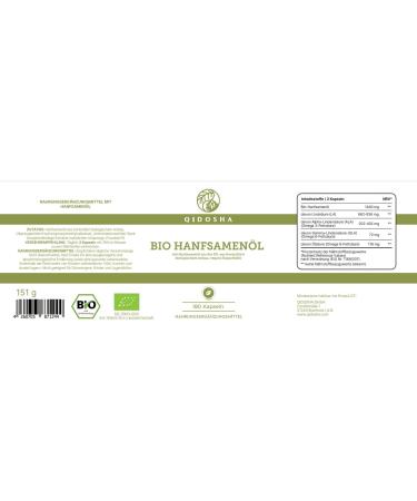 QIDOSHA Bio Hemp Seed Oil Capsules | Vegan 180 Capsules | Omega 3 6 & 9 | Sourced from France & Canada - Buy Online on GoSupps.com