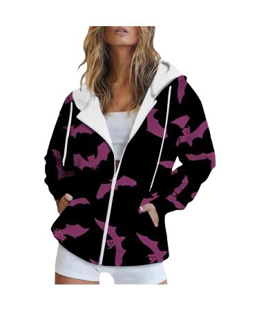 Halloween Costumes Printed Hooded Pull Out Zipper Pocket Jacket Warm Sweaters Women Winter Large Purple