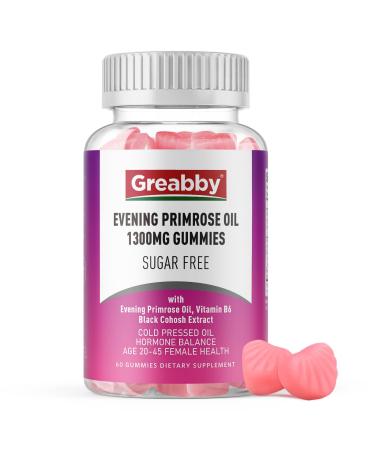 GREABBY Evening Primrose Oil Gummies 1300mg with Black Cohosh & Vitamin B6 Sugar-Free PMS Relief Supplements for Women 20-45 Chewable PMS Gummies Strawberry Flavor Vegan Pectin 60 Count