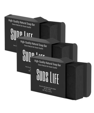 Suds Life 3-Pack Activated Charcoal Black Soap Bar for Men & Women Hand Face Body Soap Organic Shea Butter - Detoxifying and Purifying - 12.6 oz
