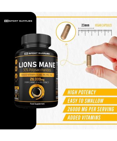 Lions Mane Supplement High Strength 26 000mg Plus 5 Vitamins (from 1 300mg of 20:1 Extract Ration) - 50% Polysaccharides - 60 Concentrated Mushroom Capsules - No Bulking/Binding Agents Like Tablets - Buy Online on GoSupps.com