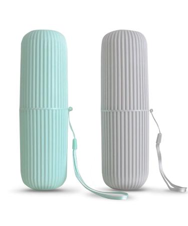 2Pcs Travel Toothbrush Holder, Portable Toothbrush Case Long 7.7 inch for Traveling, Camping, Business Trip and School, Multifuction Toothbrushes Toothpaste Set with Two Colors (Green and Grey)