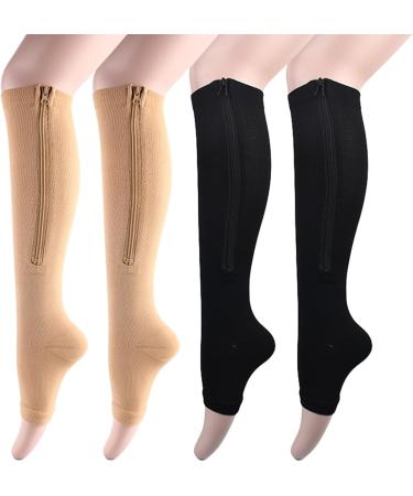 Buy Compression Socks for Women & Men - Knee High Zippered 2 Pairs for Varicose Veins & Muscle Fatigue Support - Buy Online on GoSupps.com