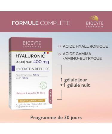 BIOCYTE Hyaluronic Day/Night 400mg - Hydrates Plumps Skin Anti-Wrinkles - Hyaluronic Acid Gamma-Amino-Butryric Acid - Vegetarian - 30 Capsules Day - 30 Capsules Night - 30 Day Program - Buy Online on GoSupps.com