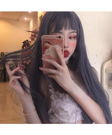 Wig Female Long Straight Hair Air Bangs Realistic Natural Net Red Face Blue Gray Full Head Style Cos Fake Haircreamy White Creamy White