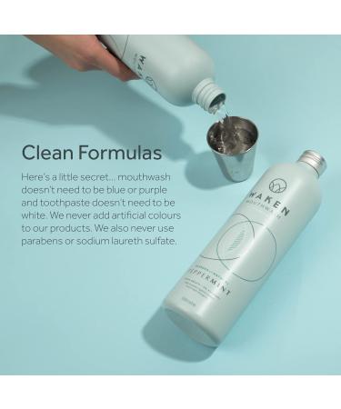 Waken Peppermint Mouthwash - 100% Natural, Alcohol-Free with Fluoride, Vegan & Sustainable, 500ml - Buy Online on GoSupps.com
